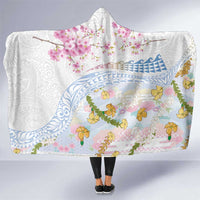 Hawaiian and Japanese Culture Together Hooded Blanket Tribal Motifs with Lei and Japanese Sakura Pattern LT03 One Size White - Polynesian Pride