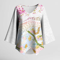 Hawaiian and Japanese Culture Together Kimono Sleeve Blouse Tribal Motifs with Lei and Japanese Sakura Pattern LT03 Female White - Polynesian Pride