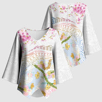 Hawaiian and Japanese Culture Together Kimono Sleeve Blouse Tribal Motifs with Lei and Japanese Sakura Pattern LT03 - Polynesian Pride