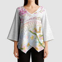 Hawaiian and Japanese Culture Together Kimono Sleeve Blouse Tribal Motifs with Lei and Japanese Sakura Pattern LT03 - Polynesian Pride