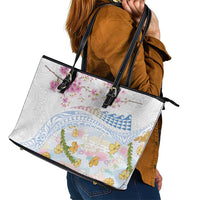 Hawaiian and Japanese Culture Together Leather Tote Bag Tribal Motifs with Lei and Japanese Sakura Pattern LT03 - Polynesian Pride
