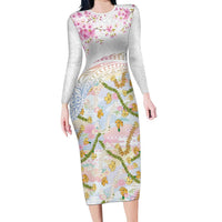 Hawaiian and Japanese Culture Together Long Sleeve Bodycon Dress Tribal Motifs with Lei and Japanese Sakura Pattern LT03 Long Dress White - Polynesian Pride