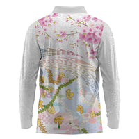 Hawaiian and Japanese Culture Together Long Sleeve Polo Shirt Tribal Motifs with Lei and Japanese Sakura Pattern LT03 - Polynesian Pride