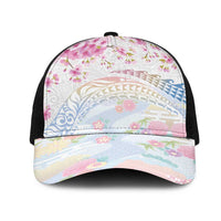 Hawaiian and Japanese Culture Together Mesh Trucker Cap Tribal Motifs with Lei and Japanese Sakura Pattern LT03 One Size Black White - Polynesian Pride