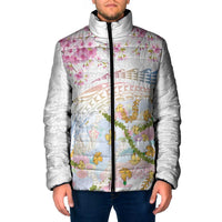 Hawaiian and Japanese Culture Together Padded Jacket Tribal Motifs with Lei and Japanese Sakura Pattern LT03 Men White - Polynesian Pride