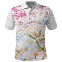 Hawaiian and Japanese Culture Together Polo Shirt Tribal Motifs with Lei and Japanese Sakura Pattern LT03 White - Polynesian Pride