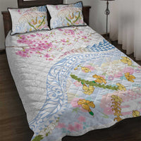 Hawaiian and Japanese Culture Together Quilt Bed Set Tribal Motifs with Lei and Japanese Sakura Pattern LT03 White - Polynesian Pride