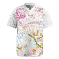 Hawaiian and Japanese Culture Together Rugby Jersey Tribal Motifs with Lei and Japanese Sakura Pattern LT03 White - Polynesian Pride