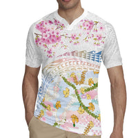 Hawaiian and Japanese Culture Together Rugby Jersey Tribal Motifs with Lei and Japanese Sakura Pattern LT03 - Polynesian Pride