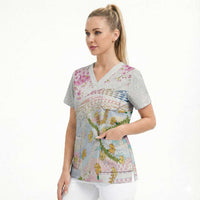 Hawaiian and Japanese Culture Together Scrub Top Tribal Motifs with Lei and Japanese Sakura Pattern LT03 - Polynesian Pride