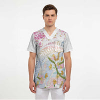 Hawaiian and Japanese Culture Together Scrub Top Tribal Motifs with Lei and Japanese Sakura Pattern LT03 - Polynesian Pride