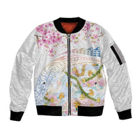 Hawaiian and Japanese Culture Together Sleeve Zip Bomber Jacket Tribal Motifs with Lei and Japanese Sakura Pattern LT03 Unisex White - Polynesian Pride