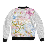 Hawaiian and Japanese Culture Together Sleeve Zip Bomber Jacket Tribal Motifs with Lei and Japanese Sakura Pattern LT03 - Polynesian Pride