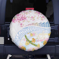 Hawaiian and Japanese Culture Together Spare Tire Cover Tribal Motifs with Lei and Japanese Sakura Pattern LT03 No hole White - Polynesian Pride