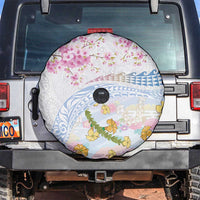 Hawaiian and Japanese Culture Together Spare Tire Cover Tribal Motifs with Lei and Japanese Sakura Pattern LT03 White - Polynesian Pride