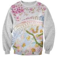 Hawaiian and Japanese Culture Together Sweatshirt Tribal Motifs with Lei and Japanese Sakura Pattern LT03 Unisex White - Polynesian Pride