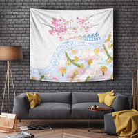 Hawaiian and Japanese Culture Together Tapestry Tribal Motifs with Lei and Japanese Sakura Pattern