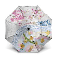 Hawaiian and Japanese Culture Together Umbrella Tribal Motifs with Lei and Japanese Sakura Pattern
