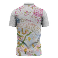 Hawaiian and Japanese Culture Together Zipper Polo Shirt Tribal Motifs with Lei and Japanese Sakura Pattern LT03 - Polynesian Pride