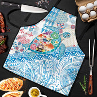 Hawaiian and Japanese Culture Together Apron Tropical Honu with Japanese Elements Blue Color
