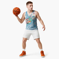 Hawaiian and Japanese Culture Together Basketball Jersey Tropical Honu with Japanese Elements Blue Color LT03 - Polynesian Pride