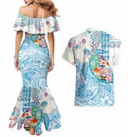 Hawaiian and Japanese Culture Together Couples Matching Mermaid Dress and Hawaiian Shirt Tropical Honu with Japanese Elements Blue Color LT03 - Polynesian Pride