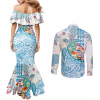 Hawaiian and Japanese Culture Together Couples Matching Mermaid Dress and Long Sleeve Button Shirt Tropical Honu with Japanese Elements Blue Color LT03 - Polynesian Pride