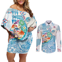 Hawaiian and Japanese Culture Together Couples Matching Off Shoulder Short Dress and Long Sleeve Button Shirt Tropical Honu with Japanese Elements Blue Color LT03 Blue - Polynesian Pride