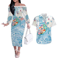 Hawaiian and Japanese Culture Together Couples Matching Off The Shoulder Long Sleeve Dress and Hawaiian Shirt Tropical Honu with Japanese Elements Blue Color LT03 Blue - Polynesian Pride