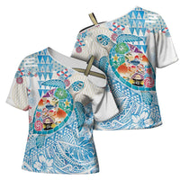 Hawaiian and Japanese Culture Together Cross Shoulder Shirt Tropical Honu with Japanese Elements Blue Color LT03 - Polynesian Pride