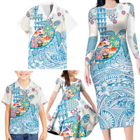 Hawaiian and Japanese Culture Together Family Matching Long Sleeve Bodycon Dress and Hawaiian Shirt Tropical Honu with Japanese Elements Blue Color LT03 - Polynesian Pride