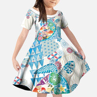 Hawaiian and Japanese Culture Together Family Matching Short Sleeve Bodycon Dress and Hawaiian Shirt Tropical Honu with Japanese Elements Blue Color LT03 Daughter's Dress Blue - Polynesian Pride