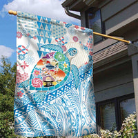 Hawaiian and Japanese Culture Together Garden Flag Tropical Honu with Japanese Elements Blue Color