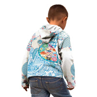 Hawaiian and Japanese Culture Together Kid Hoodie Tropical Honu with Japanese Elements Blue Color LT03 - Polynesian Pride