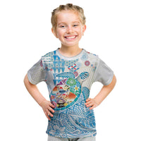 Hawaiian and Japanese Culture Together Kid T Shirt Tropical Honu with Japanese Elements Blue Color LT03 Blue - Polynesian Pride