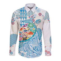 Hawaiian and Japanese Culture Together Long Sleeve Button Shirt Tropical Honu with Japanese Elements Blue Color LT03 Unisex Blue - Polynesian Pride
