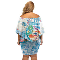 Hawaiian and Japanese Culture Together Off Shoulder Short Dress Tropical Honu with Japanese Elements Blue Color LT03 - Polynesian Pride
