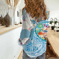 Hawaiian and Japanese Culture Together Women Casual Shirt Tropical Honu with Japanese Elements Blue Color LT03 - Polynesian Pride