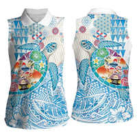 Hawaiian and Japanese Culture Together Women Sleeveless Polo Shirt Tropical Honu with Japanese Elements Blue Color LT03 - Polynesian Pride