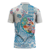 Hawaiian and Japanese Culture Together Zipper Polo Shirt Tropical Honu with Japanese Elements Blue Color LT03 - Polynesian Pride