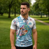 Hawaiian and Japanese Culture Together Zipper Polo Shirt Tropical Honu with Japanese Elements Blue Color LT03 - Polynesian Pride