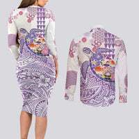 Hawaiian and Japanese Culture Together Couples Matching Long Sleeve Bodycon Dress and Long Sleeve Button Shirt Tropical Honu with Japanese Elements Purple Color LT03 - Polynesian Pride