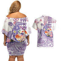 Hawaiian and Japanese Culture Together Couples Matching Off Shoulder Short Dress and Hawaiian Shirt Tropical Honu with Japanese Elements Purple Color LT03 - Polynesian Pride