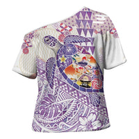 Hawaiian and Japanese Culture Together Cross Shoulder Shirt Tropical Honu with Japanese Elements Purple Color LT03 - Polynesian Pride