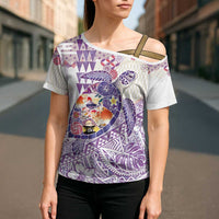 Hawaiian and Japanese Culture Together Cross Shoulder Shirt Tropical Honu with Japanese Elements Purple Color LT03 - Polynesian Pride