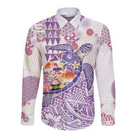 Hawaiian and Japanese Culture Together Long Sleeve Button Shirt Tropical Honu with Japanese Elements Purple Color LT03 Unisex Purple - Polynesian Pride