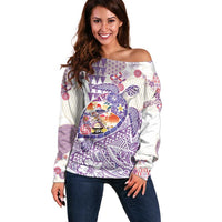 Hawaiian and Japanese Culture Together Off Shoulder Sweater Tropical Honu with Japanese Elements Purple Color LT03 Women Purple - Polynesian Pride