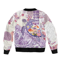 Hawaiian and Japanese Culture Together Sleeve Zip Bomber Jacket Tropical Honu with Japanese Elements Purple Color LT03 - Polynesian Pride