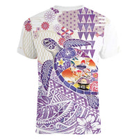 Hawaiian and Japanese Culture Together Women V-Neck T-Shirt Tropical Honu with Japanese Elements Purple Color LT03 - Polynesian Pride