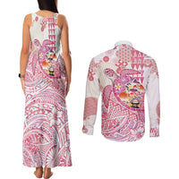 Hawaiian and Japanese Culture Together Couples Matching Tank Maxi Dress and Long Sleeve Button Shirt Tropical Honu with Japanese Elements Pink Color LT03 - Polynesian Pride